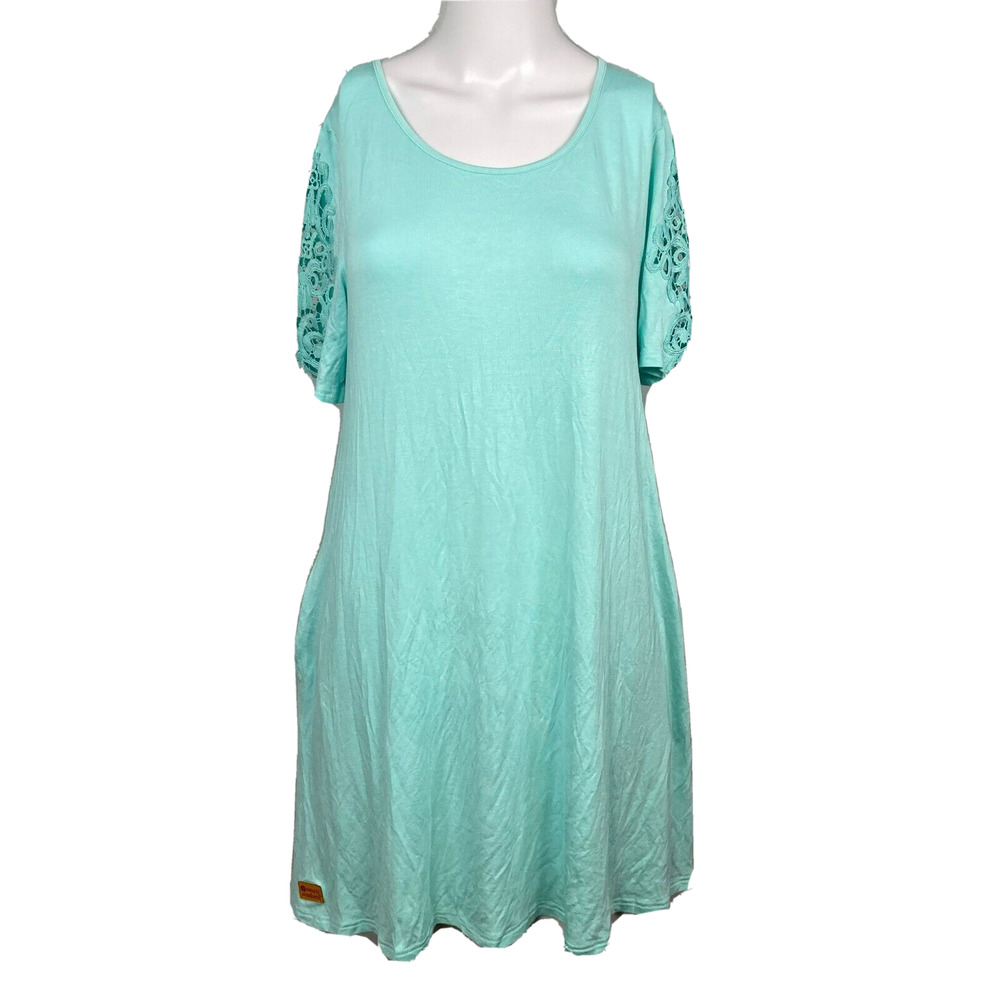 NWT Simply Southern Dress Womens Sz L Aqua Blue Green Short Lace Sleeve Shift